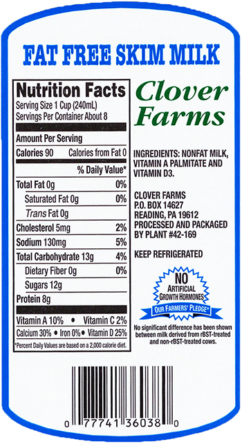calories in skim milk vs 2